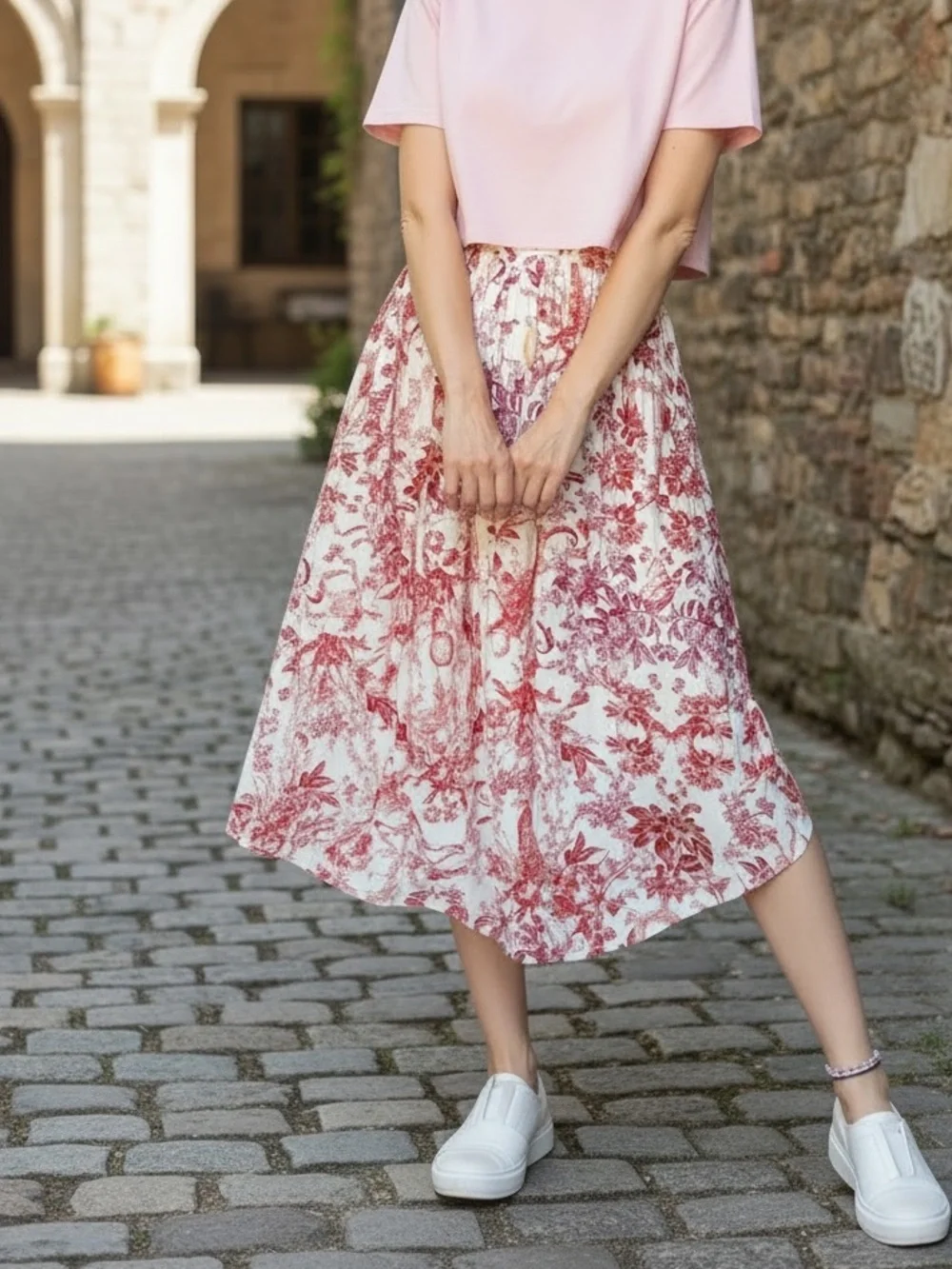 Maeve by Anthropologie Red and Rose Whimsical Print Midi Skirt Dipped Hem S - Picture 1 of 13